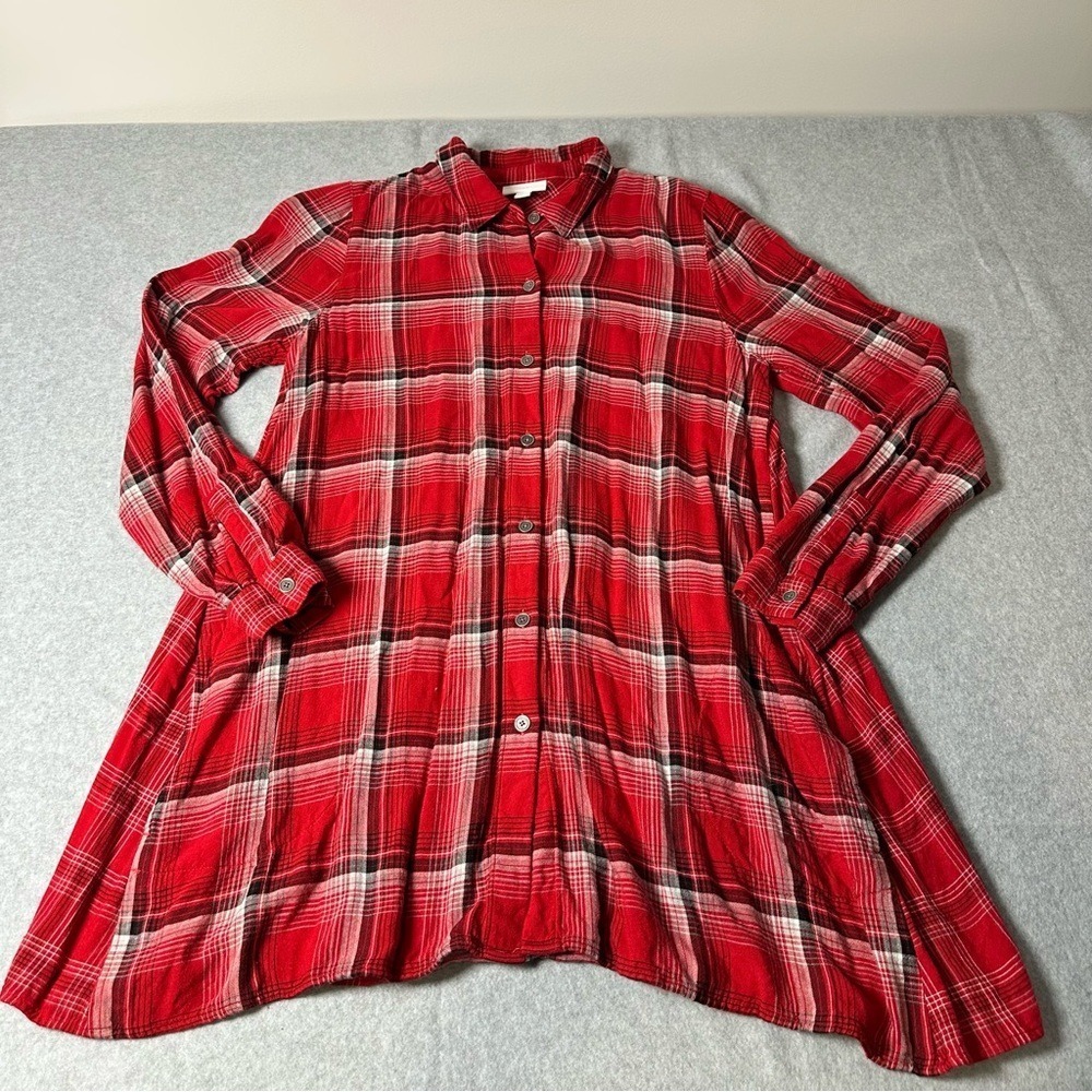 J. Jill Red Plaid Button Down Swing Tunic Top Womens Small Long Sleeve